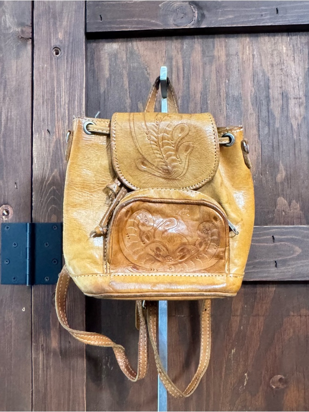 Small Tan Leather Women’s Embossed Backpack - Classic Casual